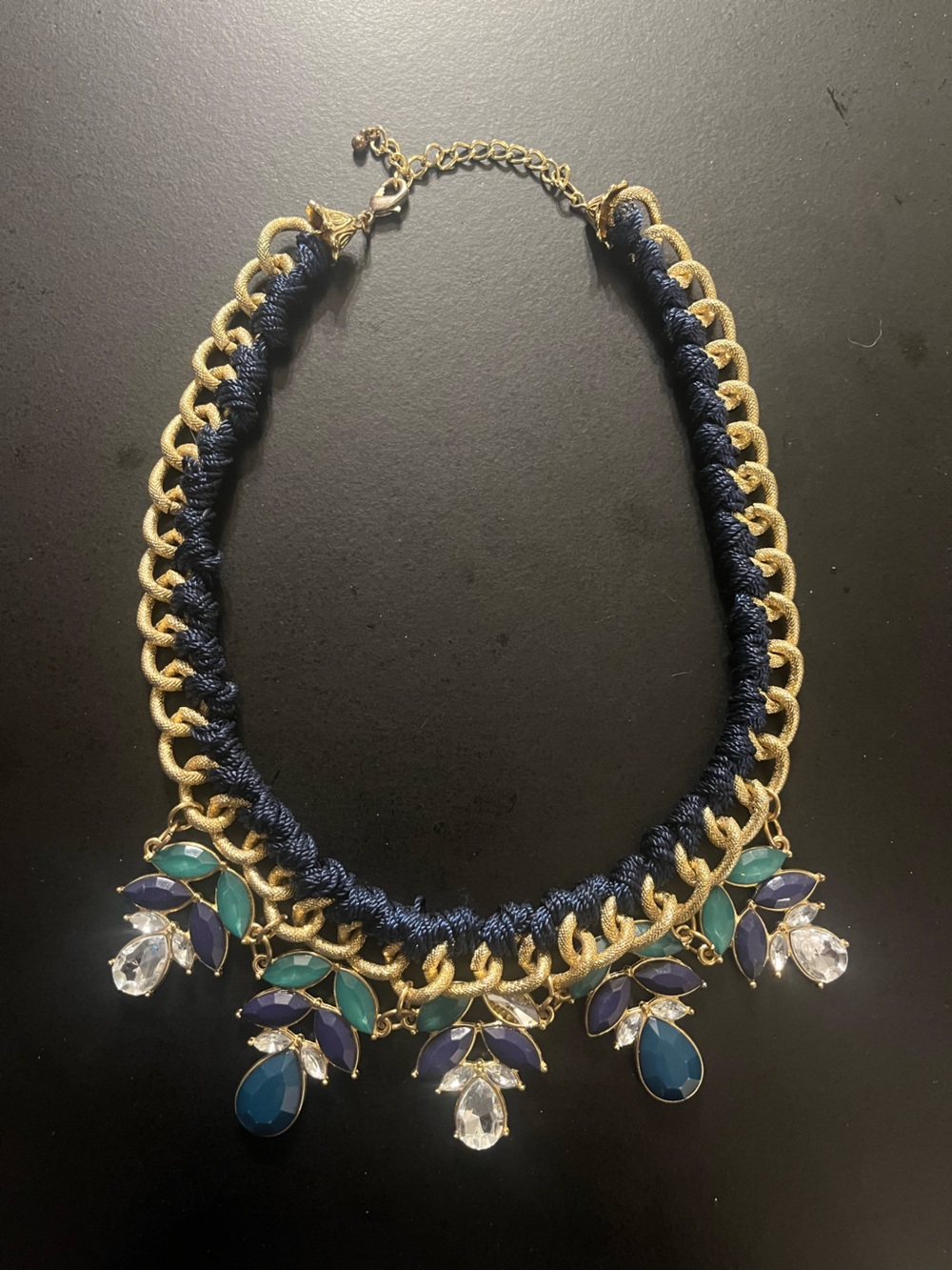 Gold Chain Navy Blue Statement Necklace with Teal & Sapphire Accents New